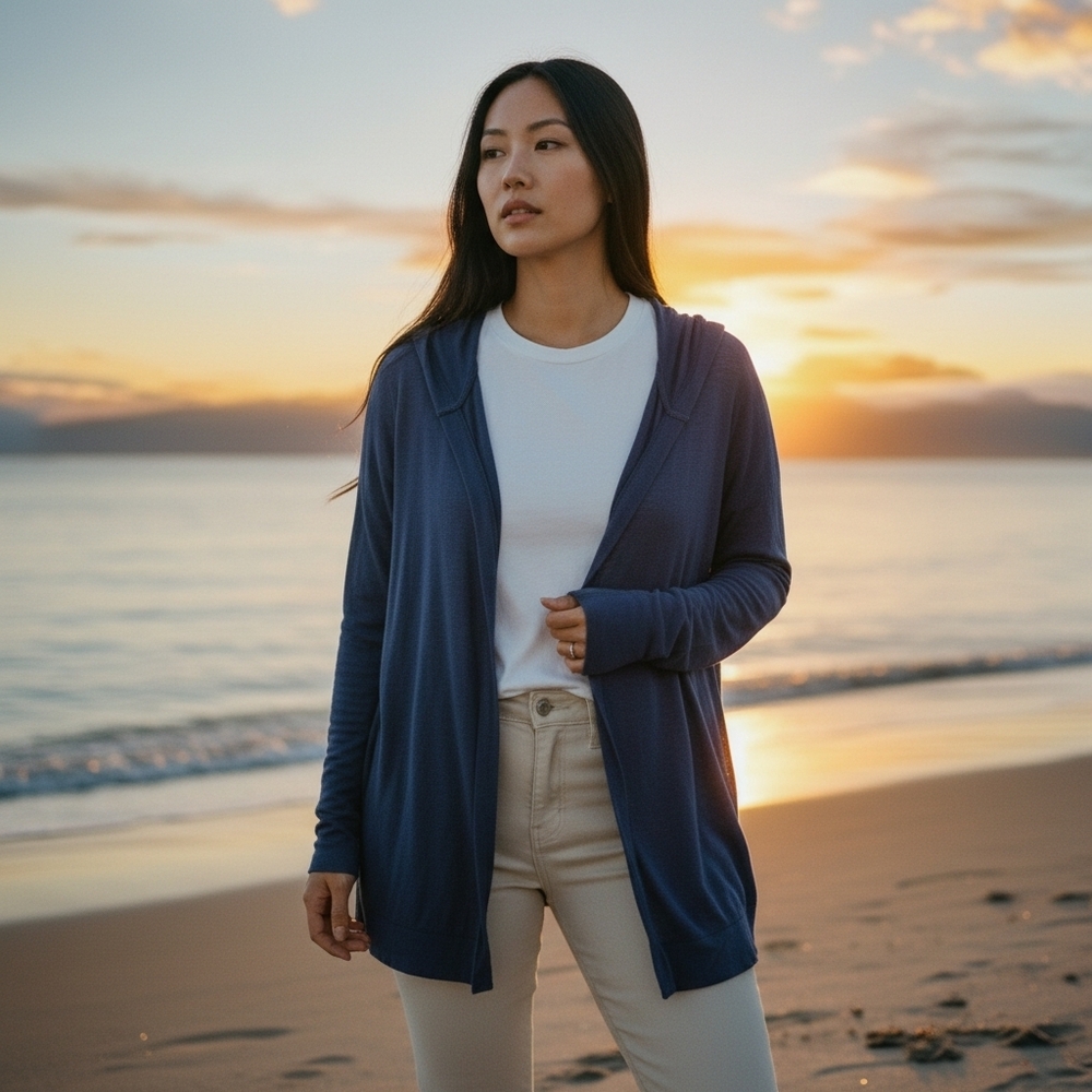SIGRID OLSEN | Light Navy Blue Linen Lyocell Hooded Open Front Cardigan‎ | 3X